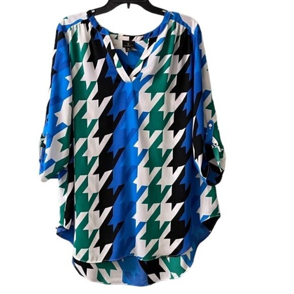 Worthington Woman Houndstooth Spring Tunic Split Neck 3/4 Sleeve High Low Hem 1X - Picture 1 of 9